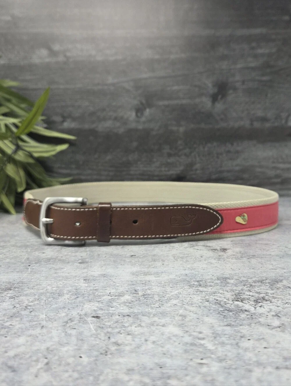 Vineyard Vines Quirky Taco Print Belt Brown Leather Coral Silk Fabric Size 36